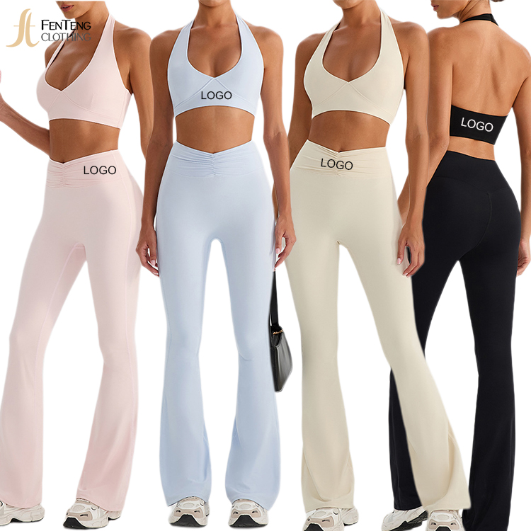 Under Lulu Custom Women Yoga Outfit Breathable Lightweight Strappy Halter Fitness Flared Pants Sportswear Yoga Set