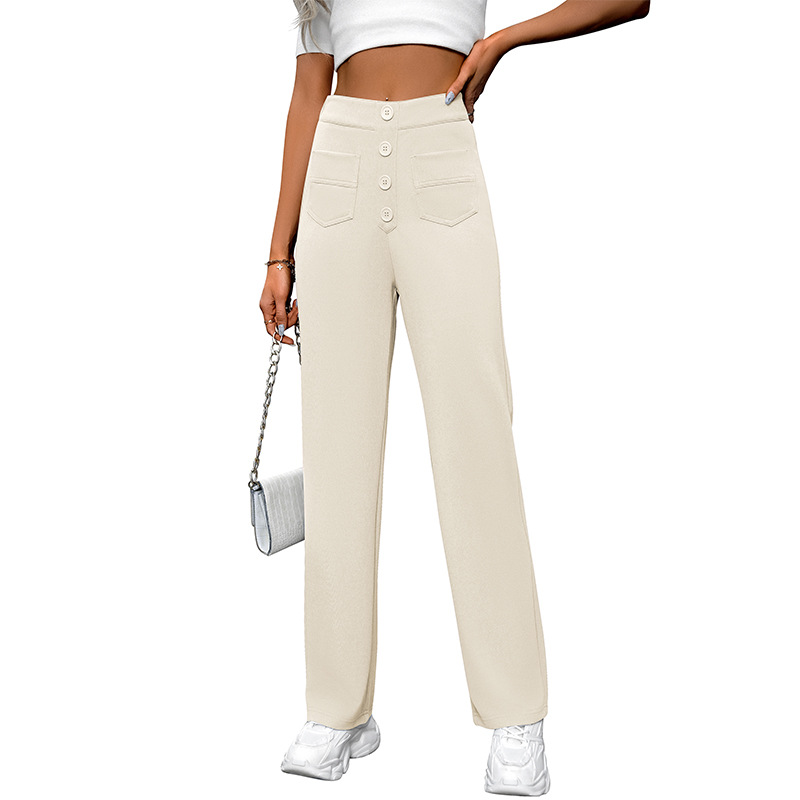 Women's Vintage High Waist Straight Pants with Button Pockets Loose Wide Leg Fashionable Anti-Wrinkle Trousers