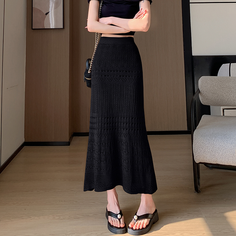 Women's Spring Summer A-Line Casual Breathable Natural Waist Midi Skirt Solid Lace Knitted Design Apricot Color Dushan