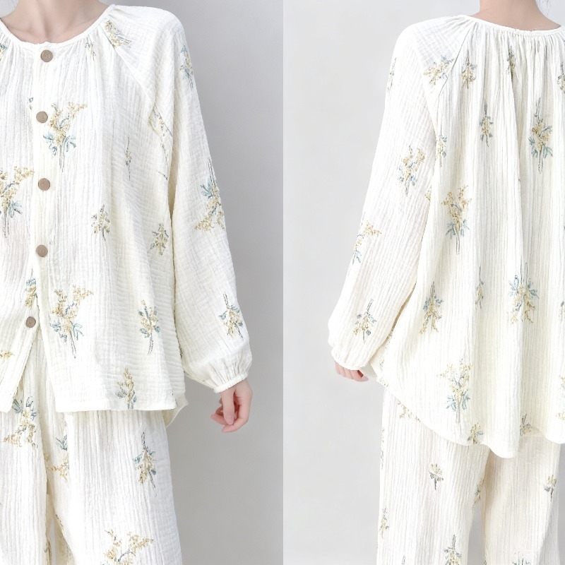 New Chinese Cotton Knitted Women's Pajamas Summer Spring Autumn Double Gauze Guofeng V-neck Full Length Long Sleeve Floral
