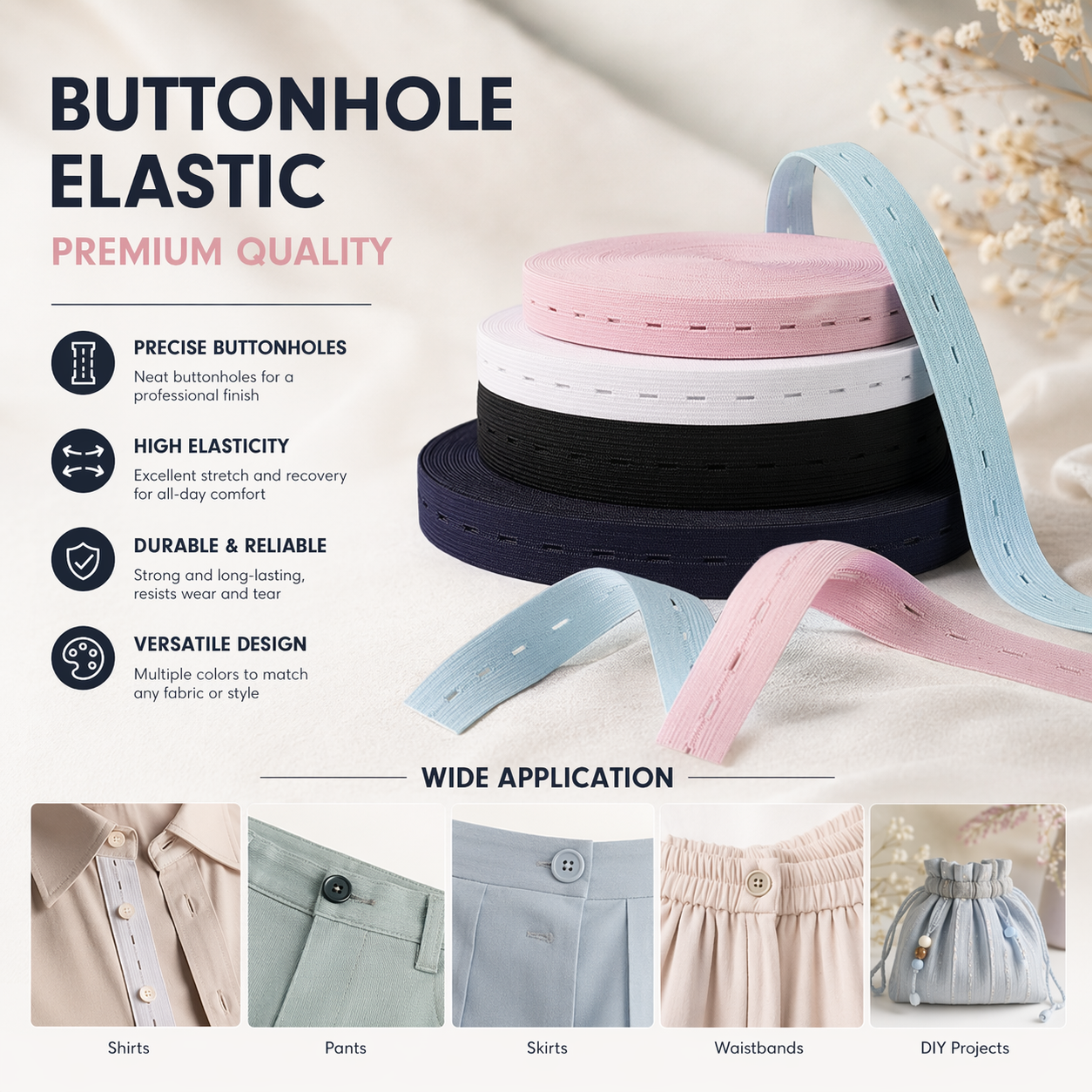 Aoya High Elasticity Breathable Adjustable 2cm Buttonhole Elastic (Polyester/Nylon) for Pregnant Women Baby Diapers Home