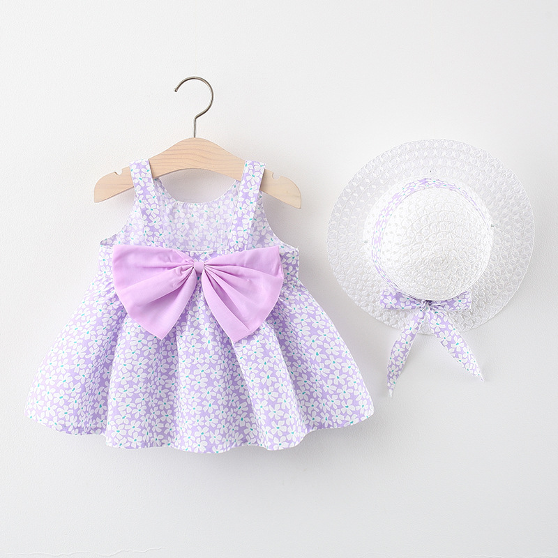 2021 Summer Children's Small Floral Big Bow Cotton Breathable Sleeveless Midi Princess Dress with Suspender