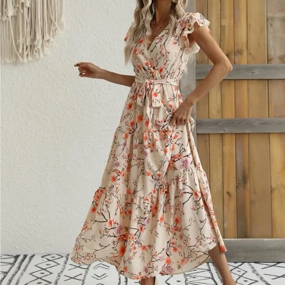 Cross-border Women's Summer Resort Dress Europe America-Regular Deep V Ruffled Floral Crocheted Knee-Length High Waist