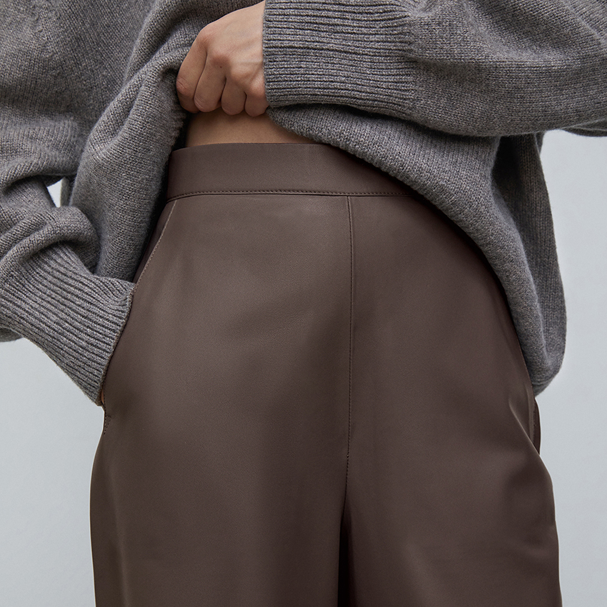 OOTN Women's Elegant Brown PU Leather Casual Trousers Office Ladies Straight Pants for Streetwear ODM Supply