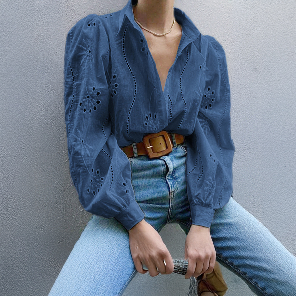 2026 Women's Loose Fashion Cotton Lace Top Spring Summer Bubble Sleeve Blouse Shirt Button up Tops