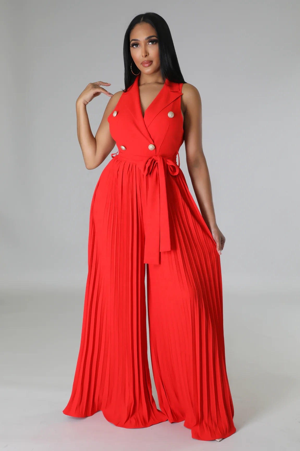 European Fashion Sexy Spring/Summer V-neck Sleeveless Backless Loose Polyester/Cotton Elegant Streetwear Pleated Wide-leg