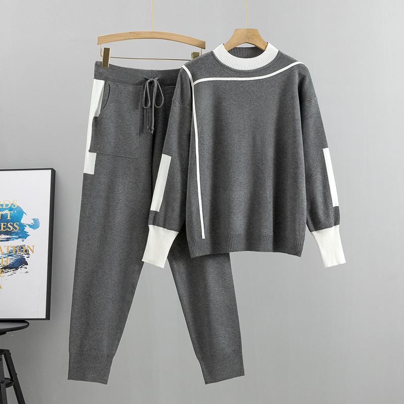 Autumn Winter Women's Elegant Breathable Casual Knitted Two-Piece Set Plus Size Korean-Style Solid Pattern O-Neck Regular Fit