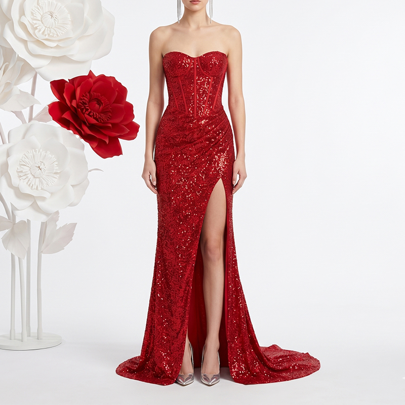 Sexy Royal Blue Formal Gown Shoulder Corset Sequin Spring Summer Evening Dress High Slit Floor Length Elegant Wedding Party