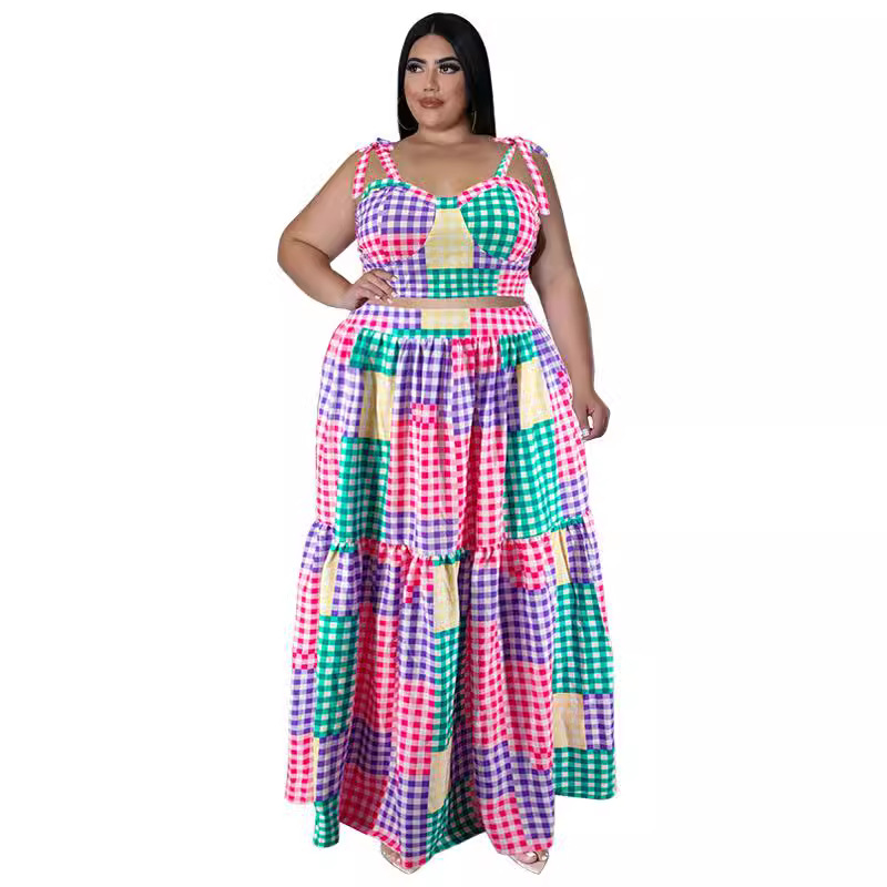 218116 European and American plus-size women's clothing, new summer plaid camisole top with large hem skirt, new product