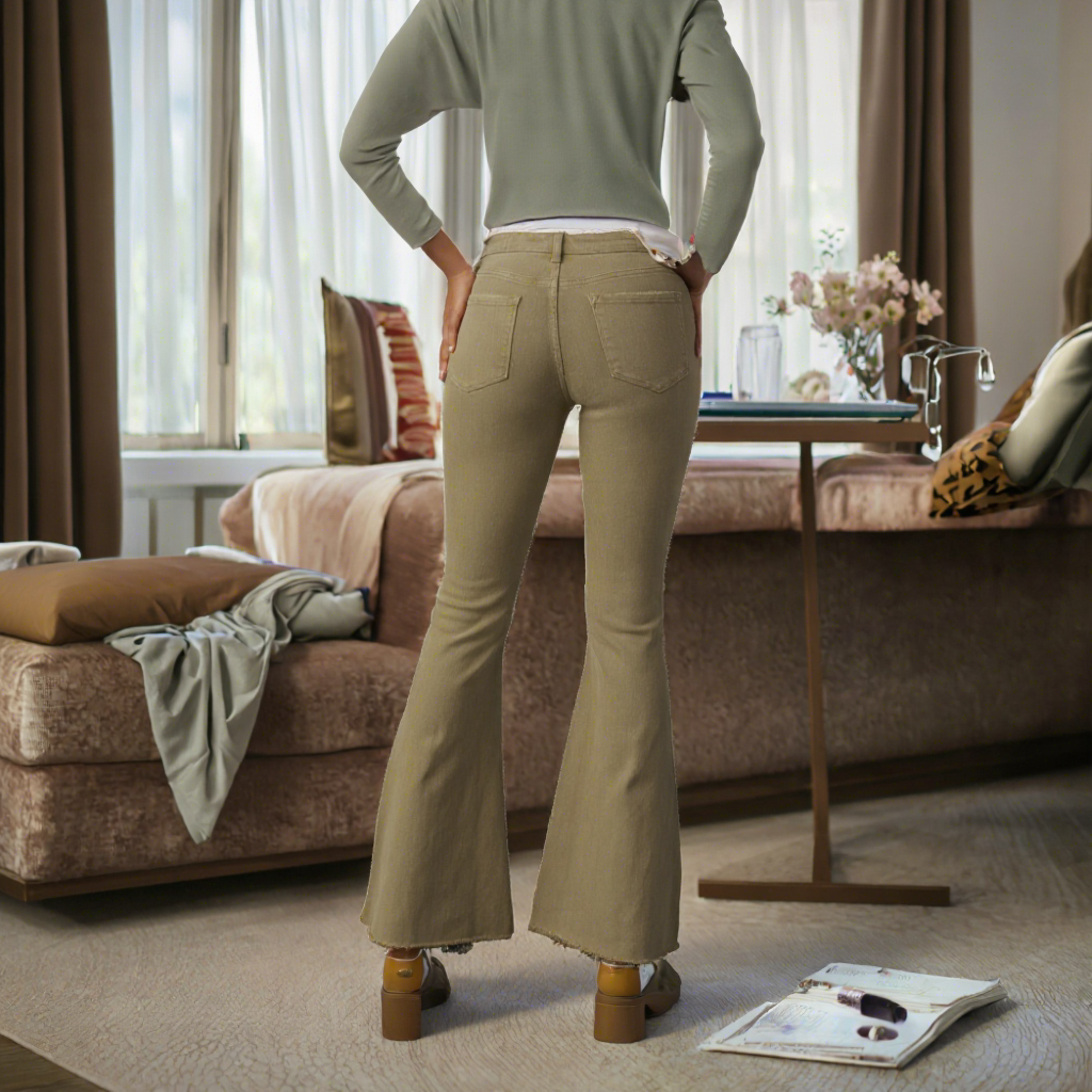 Women's Khaki High Waist Straight Pants Light Wash Button Denim Trousers with for Frayed Hem for Summer Casual Wear