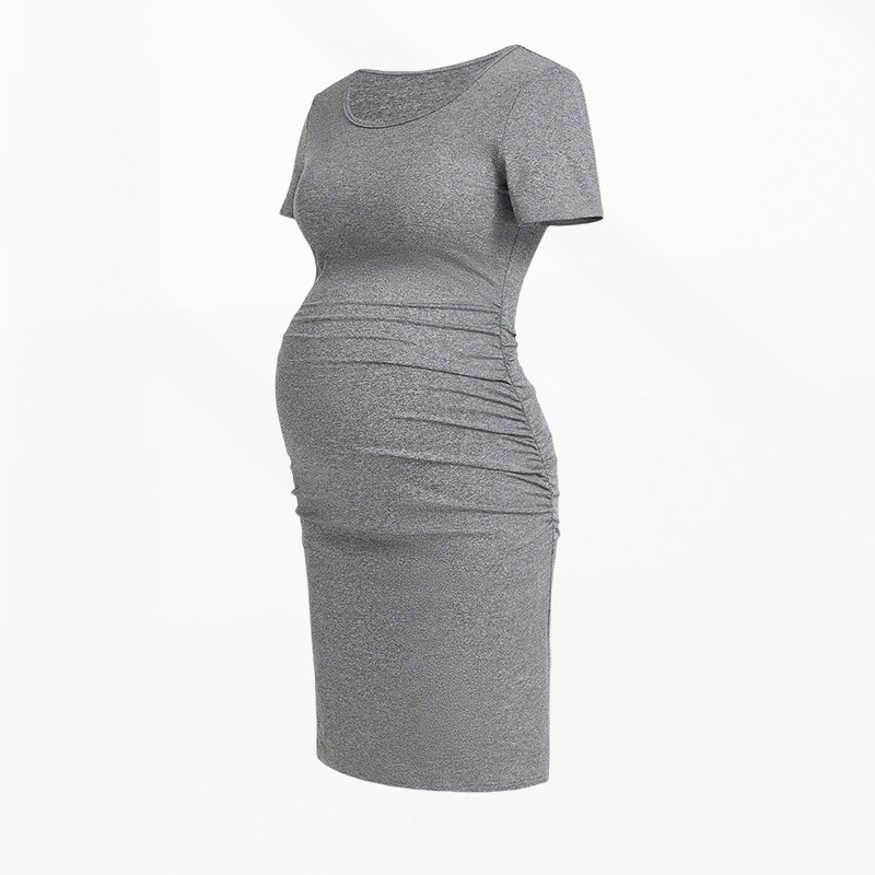Nice Quality Women's Short Sleeve Maternity Dress Ruched Pregnancy Clothes Belly Support Woven Crew Neck Waist-controlled Autumn