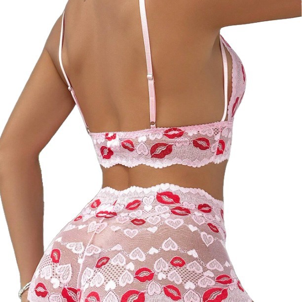 Wholesale Women's DeepV Neck Sexy Lace Mesh Lingerie Set Red Lip Embroidered Strap Two Piece Set Sleepwear
