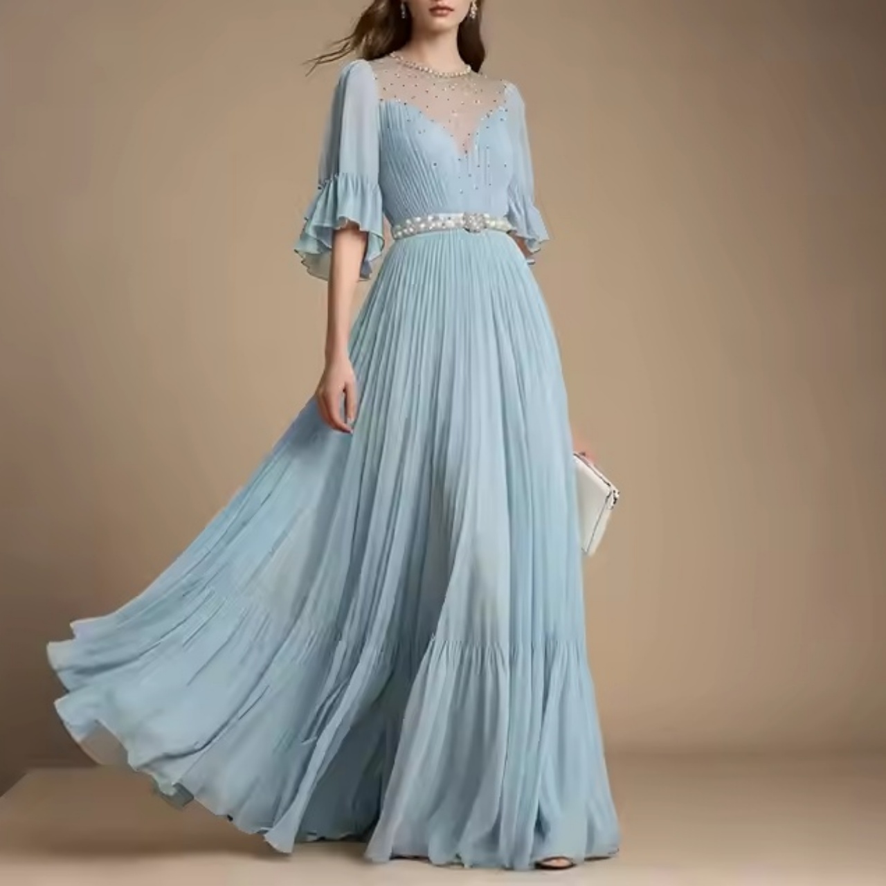 Custom Women Elegant Pleated Ruffled Button Short Sleeved Woven Muslim A-Line Guest Wedding Party Evening Dresses