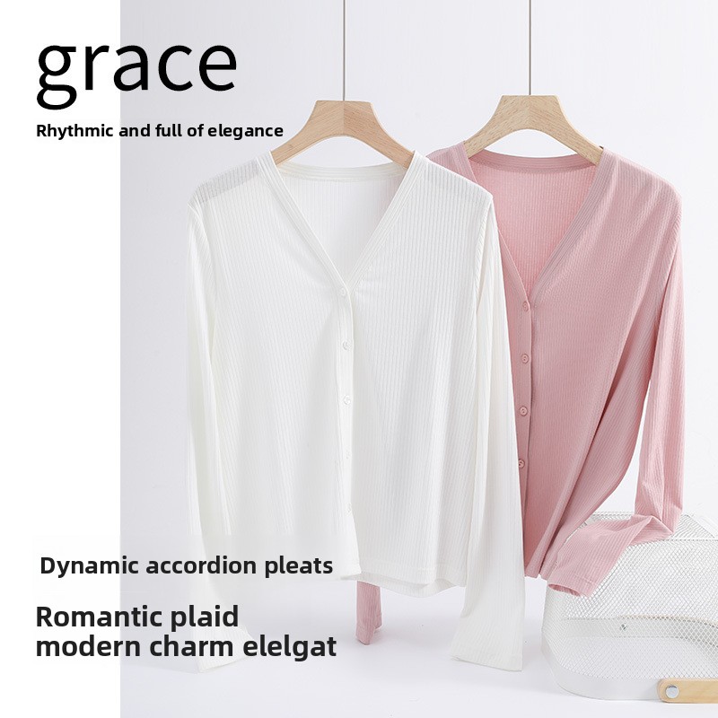 Spring/Summer 2026 New Women's Vintage Thin Knitwear Long-Sleeved Cardigan for Middle-Aged Elderly Petite Ribbed Ice-Silk Blouse