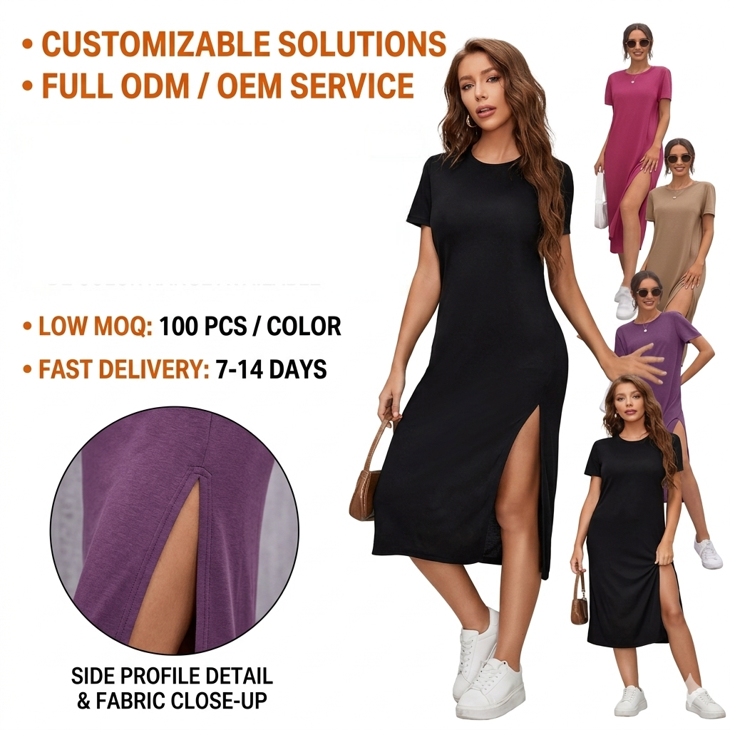 Woman Midi Dress High Quality Women Casual Dresses Solid Color Round Neck Maxi Dress With Slit