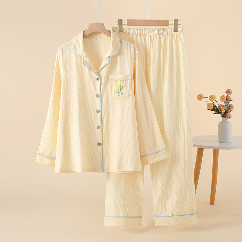 New Women's Pure Cotton Double Layer Gauze Pajamas Long Sleeve Homewear Set Elastic Waist For Spring Autumn