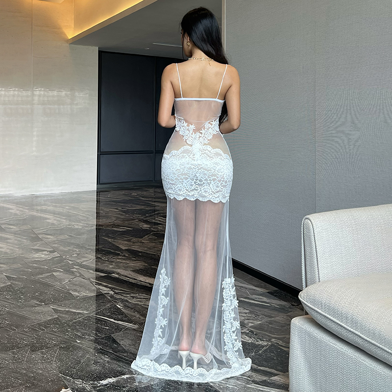 Women's Sexy Sheer Lace Cocktail Evening Dress Sleeveless Backless Floral Lace Floor Length Formal Gown