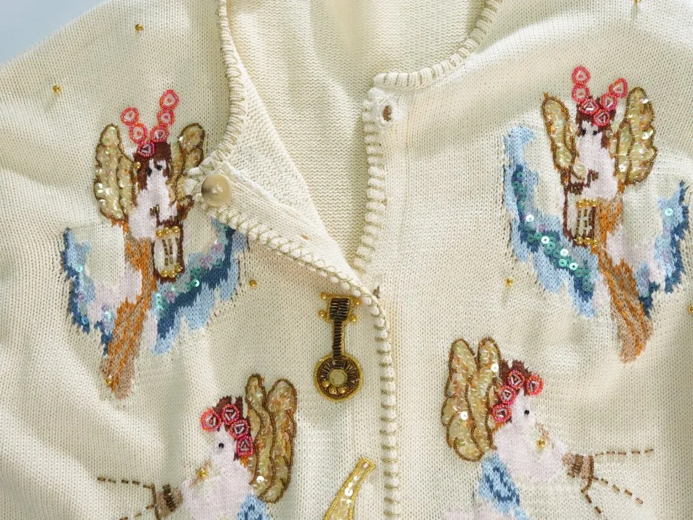 Women's 647g Midweight Cotton Knit Cardigan Outerwear Featuring Delicate Sequin