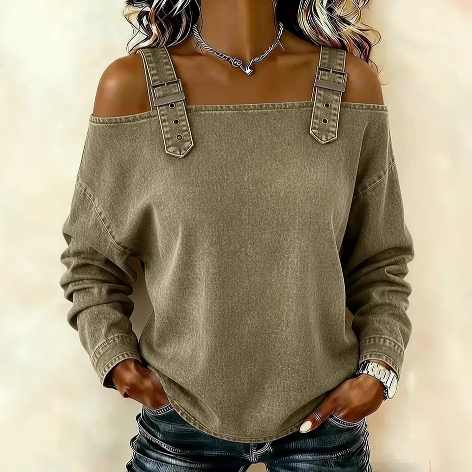 Fashion Women's Blouses Spring Summer Fall New Style Casual One-line Tie Shoulder Strap Long-sleeve Jeans Top