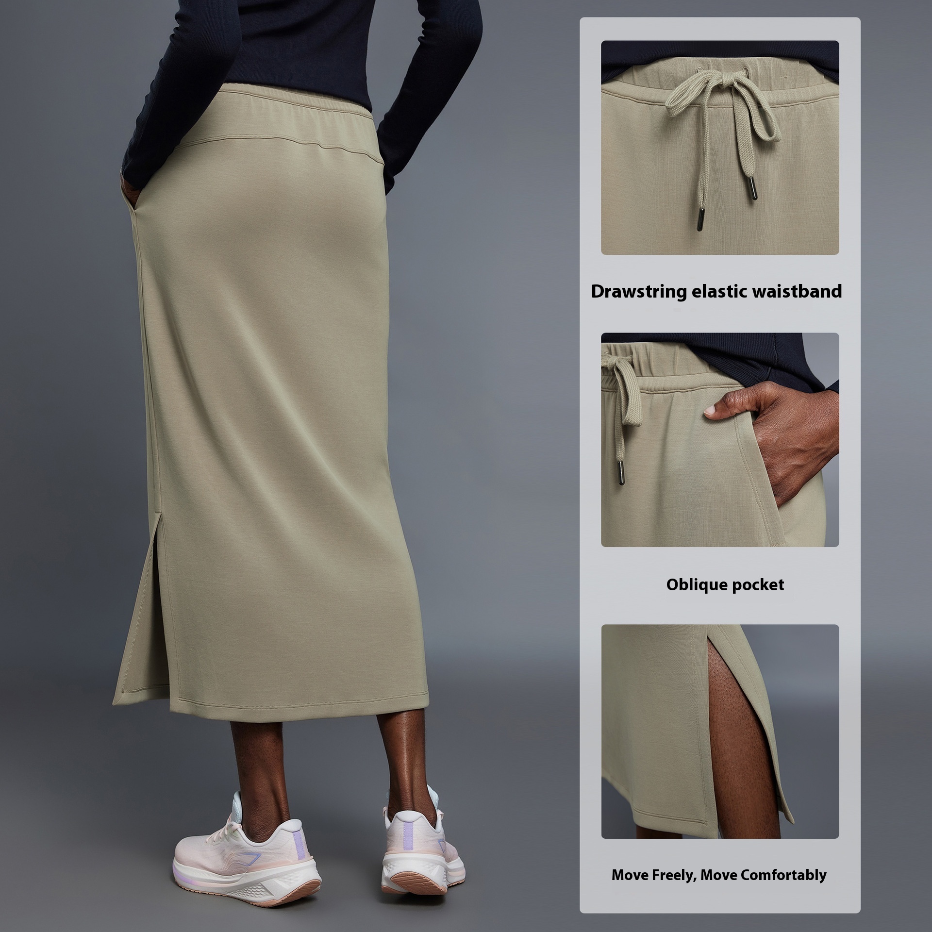 Women's Fashion Casual Mid-Length Sports Skirt Breathable Summer Style Slit Slimming Straight Natural Waistline Solid Woven