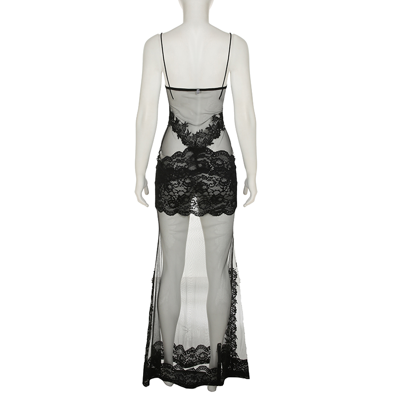 Women's Sexy Sheer Lace Cocktail Evening Dress Sleeveless Backless Floral Lace Floor Length Formal Gown
