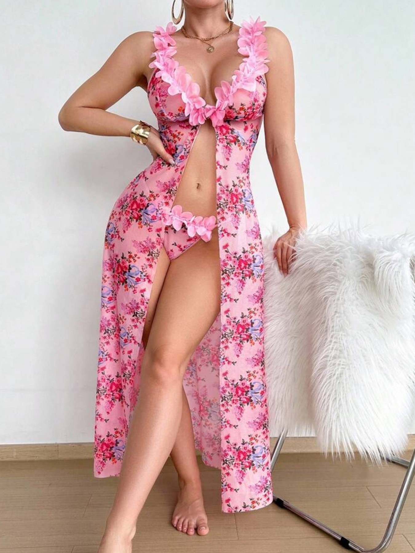 2025 New Arrival Sexy Women's Nightgown Set - Lace Trimmed Split Design Long Sleepwear, Erotic Loungewear Two-Piece Set