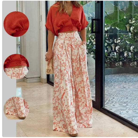 Manufactory Custom Style or Logo ODM Summer Plus Size Women's Clothing V-neck Shirt and Wide-leg Pants Causal Two Piece Sets