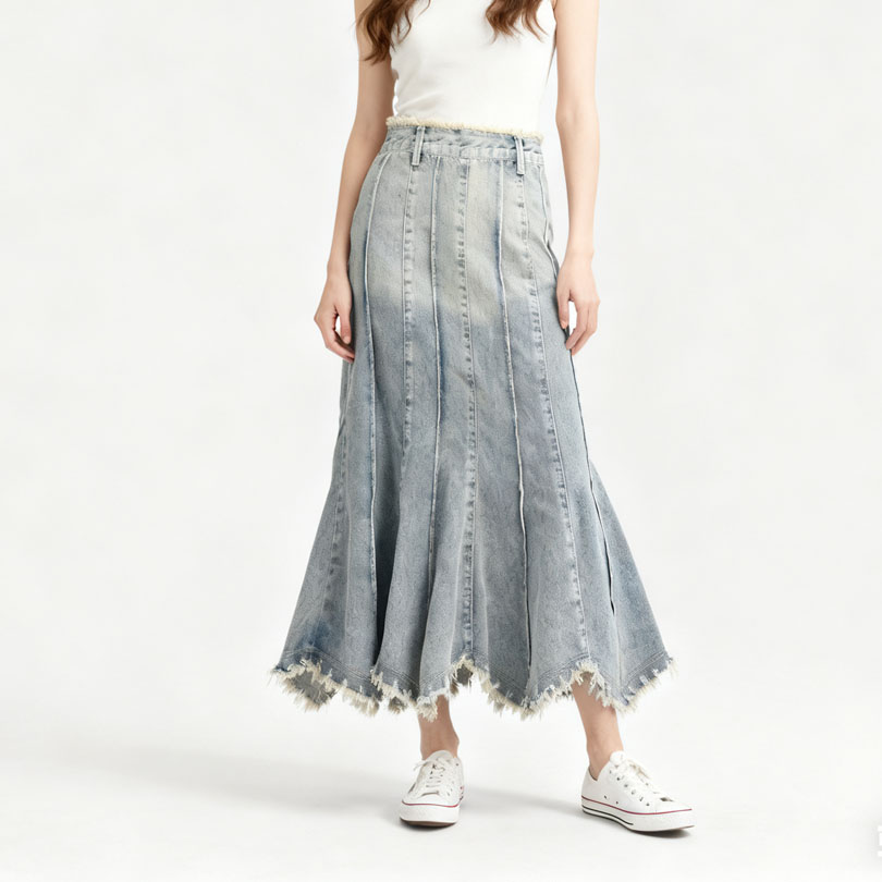 In Stock Women's Jeans Long Skirt Jean Dress Streetwear High Waist A-line Denim Skirts