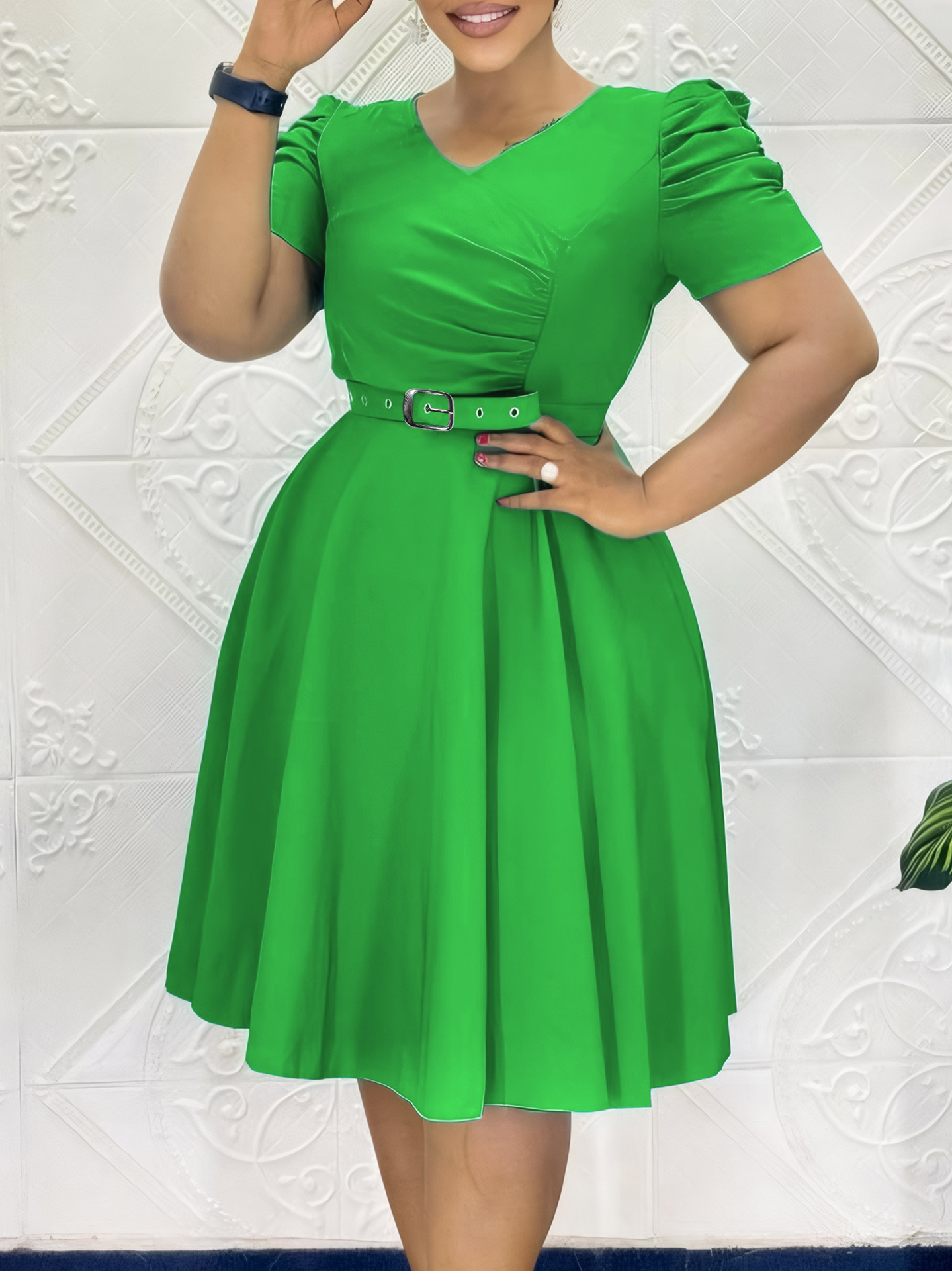 TPY0 Trendy Summer Casual Dresses Women Lady Elegant V-Neck A-Line Short Sleeve Ruched Dresses for Women Clothing Dress