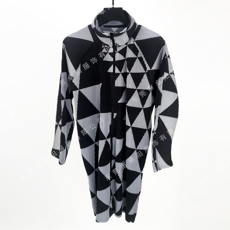 Pleated Autumn New Style HP Series Men's Triangle Pattern Stand Collar Zipper Trench Coat Overcoat 100% Polyester Foreign Trade