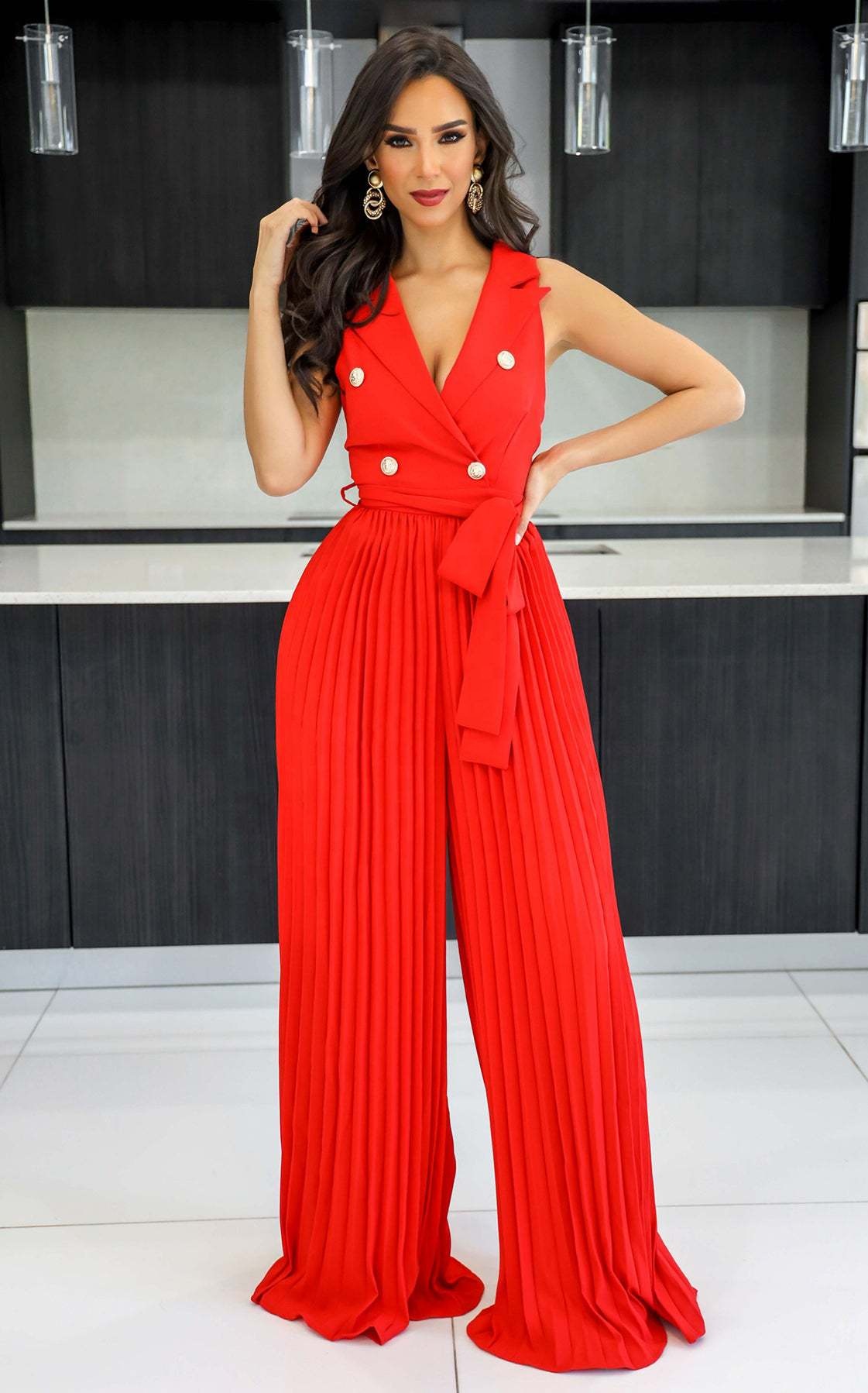 European Fashion Sexy Spring/Summer V-neck Sleeveless Backless Loose Polyester/Cotton Elegant Streetwear Pleated Wide-leg