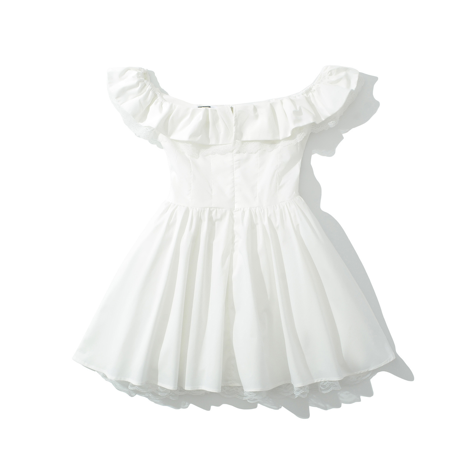 A Cute and Sweet Petite Dress with a One-shoulder Collar, a Cinched Waist, a Short Skirt with Lotus Lace Edges and a Puffy Skirt