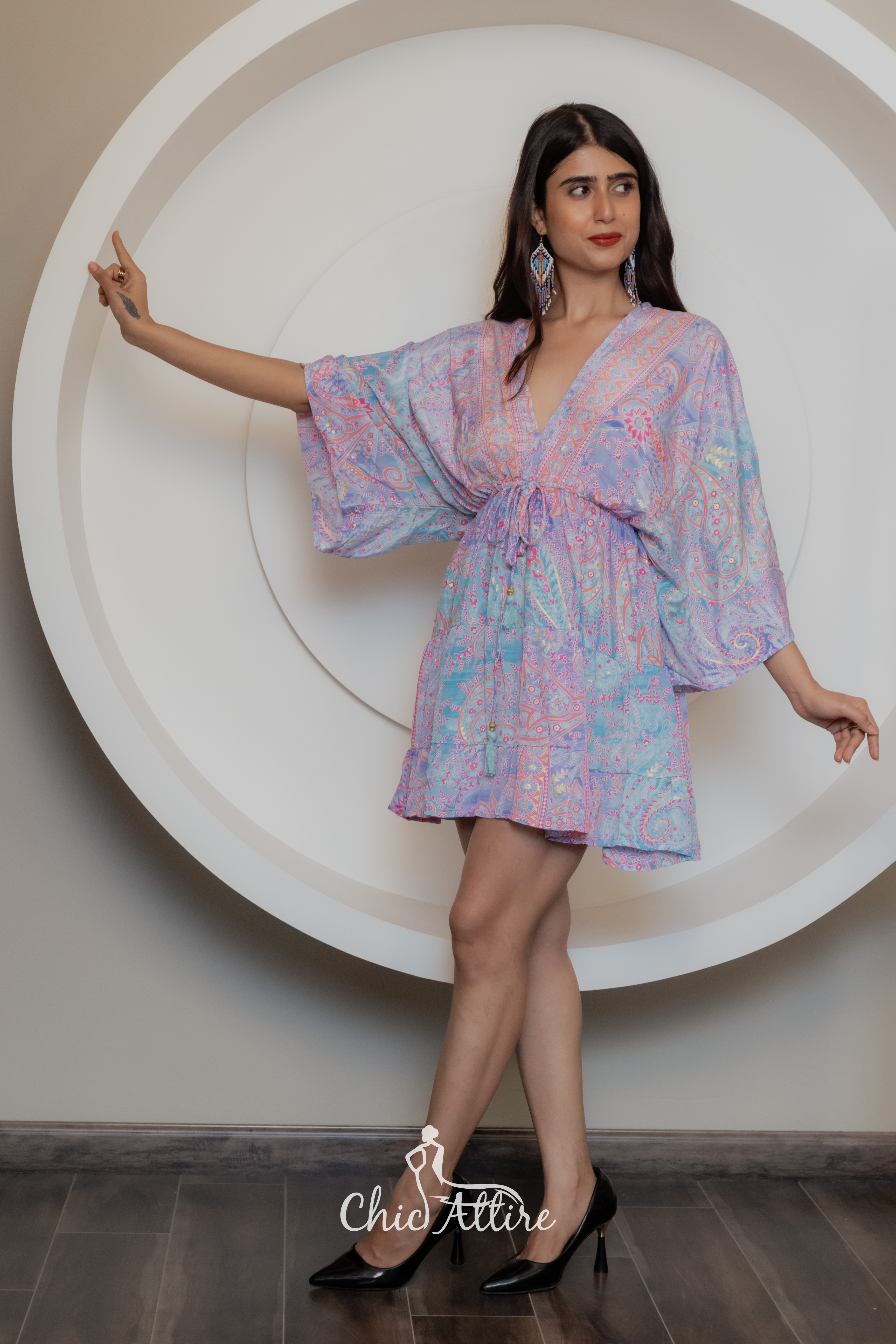 Summer Bohemian Mini Dress with Short Sleeves Rainbow Colored Pullover Viscose for Club &amp; Beach Wear Holiday Dress