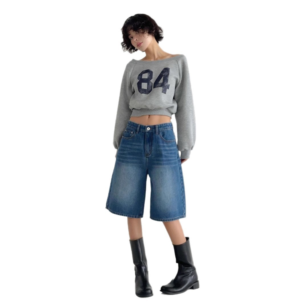 Korean Style Summer Pants Breathable Loose Jeans Front Logo Washed Black Petite Mid-Length Pants