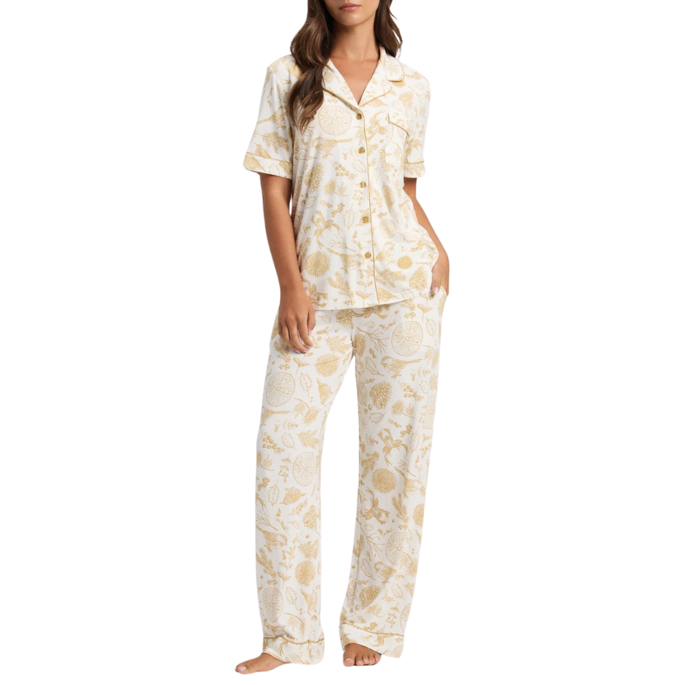 Luxury Elegant Bamboo Pajamas Set Soft Knitted Front Logo Women's Two Piece Breathable Comfortable Sleepwear