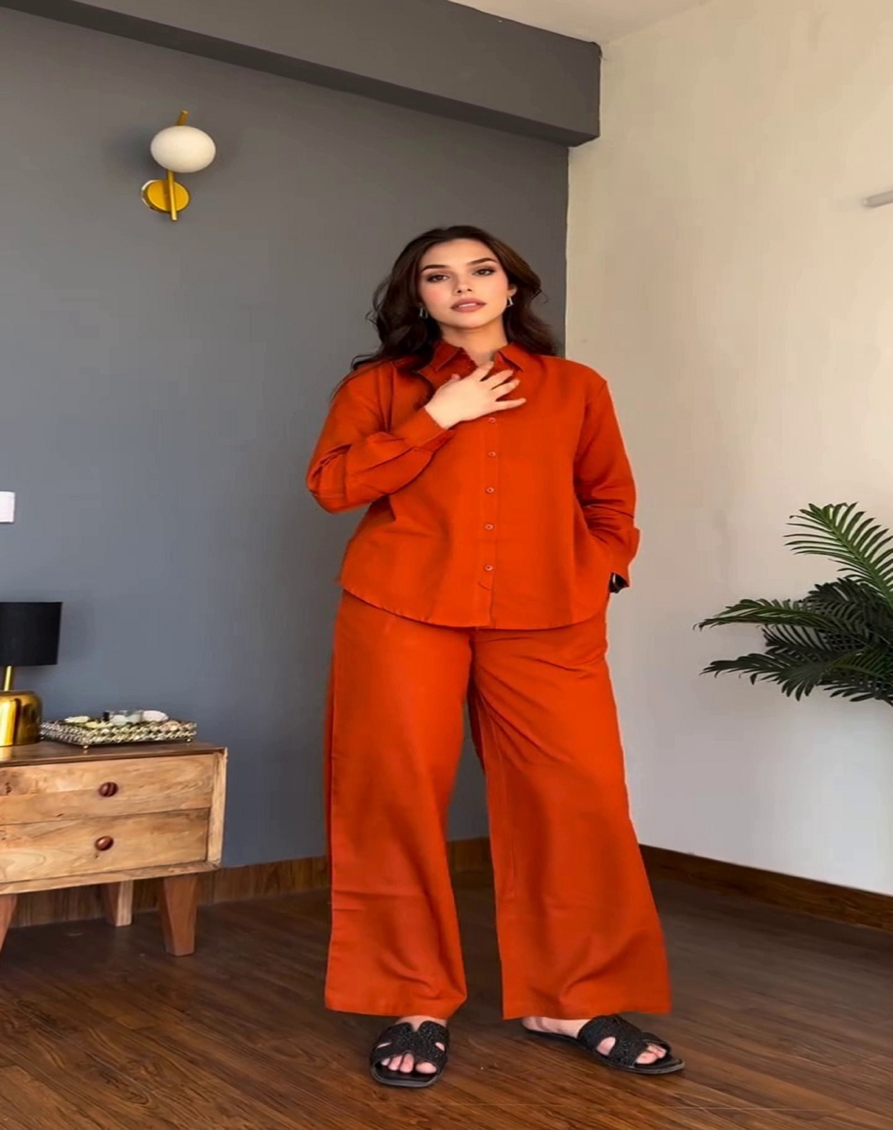 Stylish Women Casual Wear Set V-Neck Button Shirt with Full Sleeves Pant Solid Rayon All Seasons In-Stock