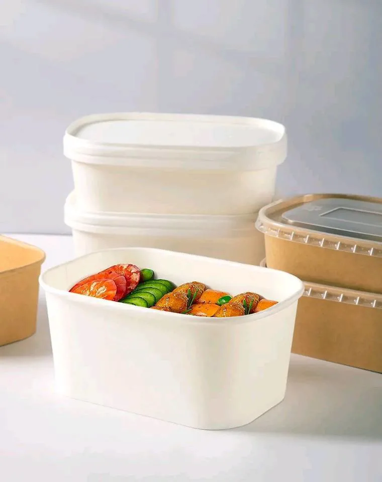 1000ml Paper Oval Rectangular Food Delivery Container Kraft, White, Bamboo Material