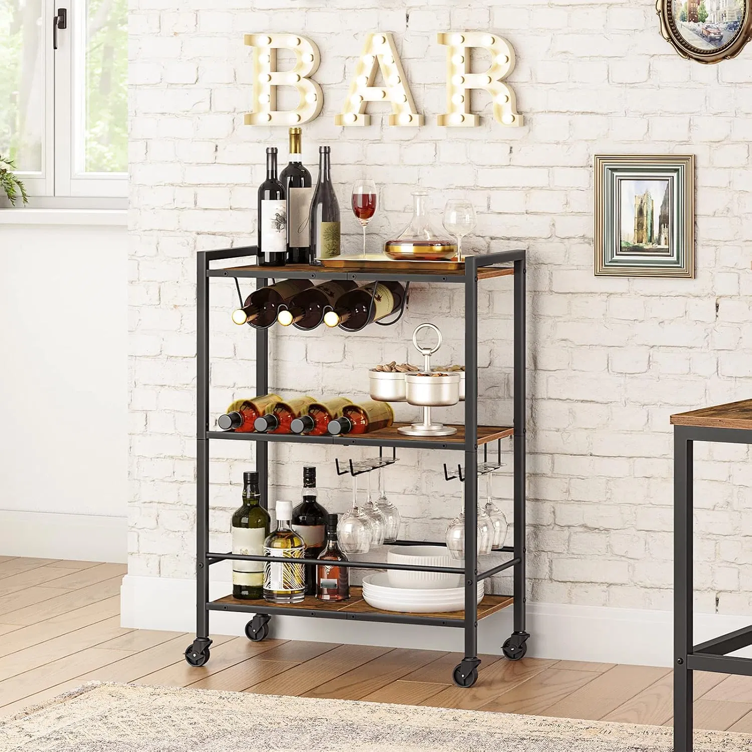Heavy Duty Indoor Contemporary Rolling Bar Cart, Chic Wine Storage Solution for Kitchen Living Room