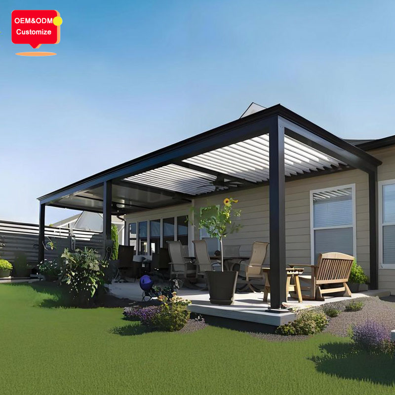 Outdoor Pergola Roof System for Restaurants, Commercial Motorized Gazebo with Double Waterproof Louver Roof and Heaters