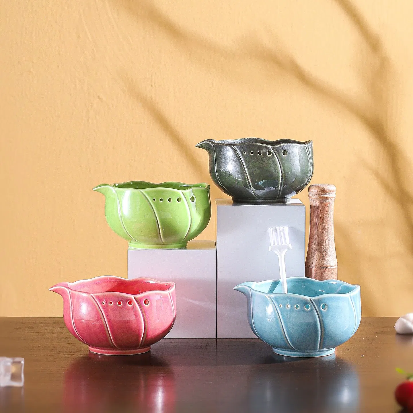 New Design Beige Grey Food Preparation Ceramic Mortar Bowl and Pestle Kitchen Accessory for Vanilla Spice Herb Grinding Pounding