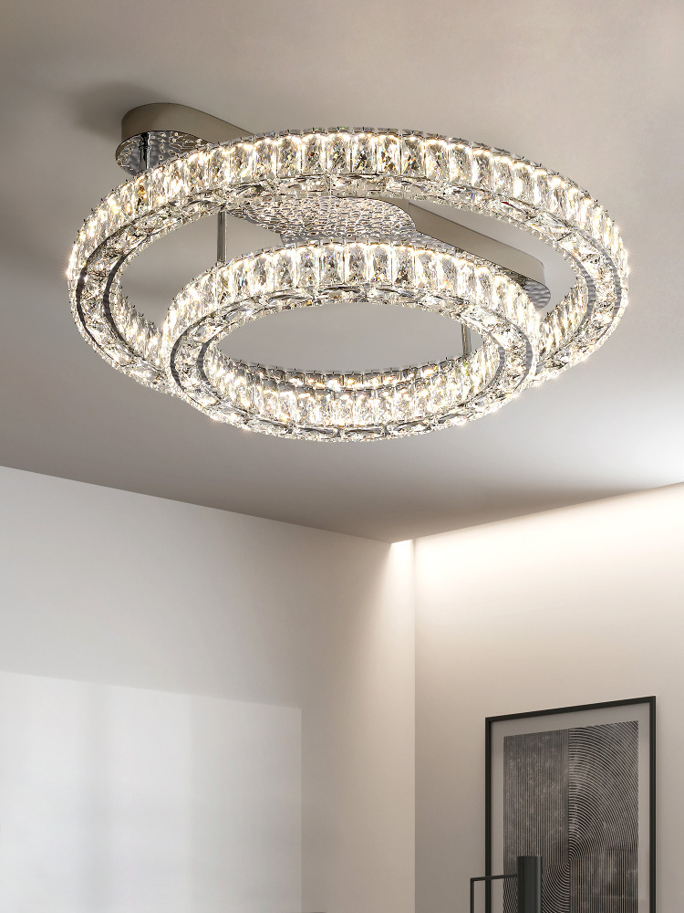 Modern Luxury Crystal LED Ceiling Light Living Room Kitchen Island Lamp Stainless Steel Round Chrome Art Ceiling Pendant Fixture