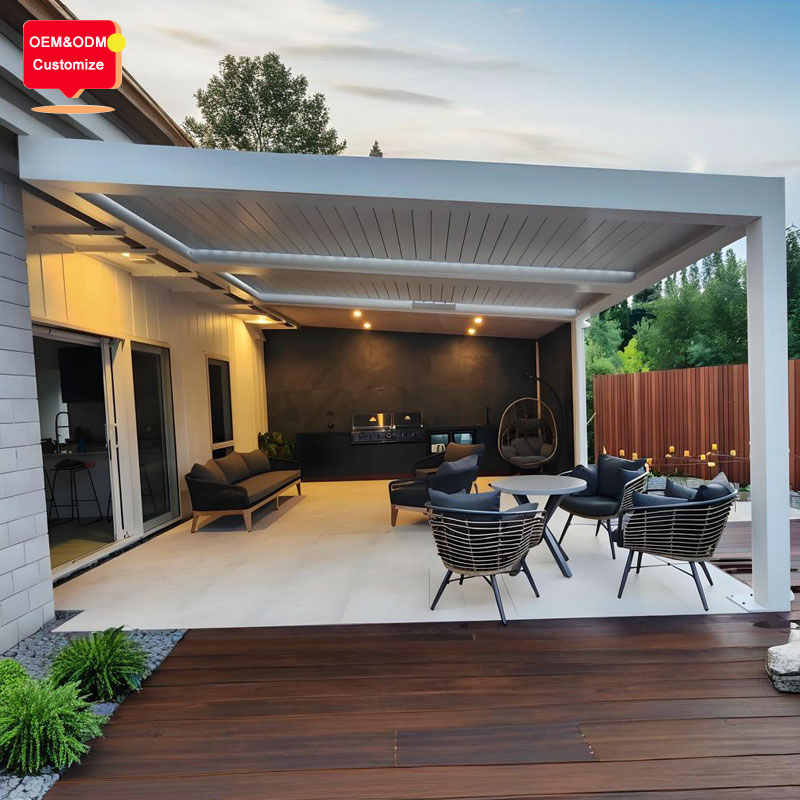 Outdoor Pergola Roof System for Restaurants, Commercial Motorized Gazebo with Double Waterproof Louver Roof and Heaters