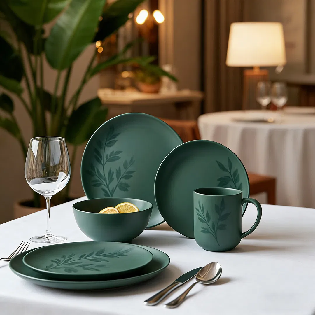 Matching Matte Green Porcelain Tableware Set Plates Bowls Cups