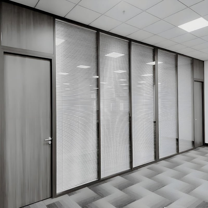 Custom Modern Glass Office Partition Interior Framed Modular Wall System with Integrated Blinds