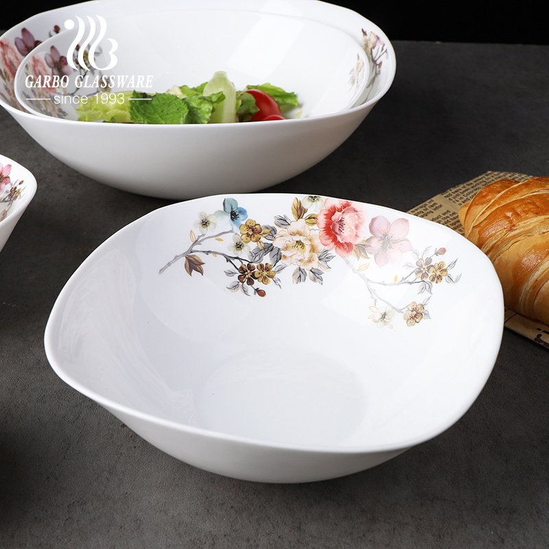 Elegant 9-Inch White Opal Glass Tableware Set Household Soup Bowl with Decal