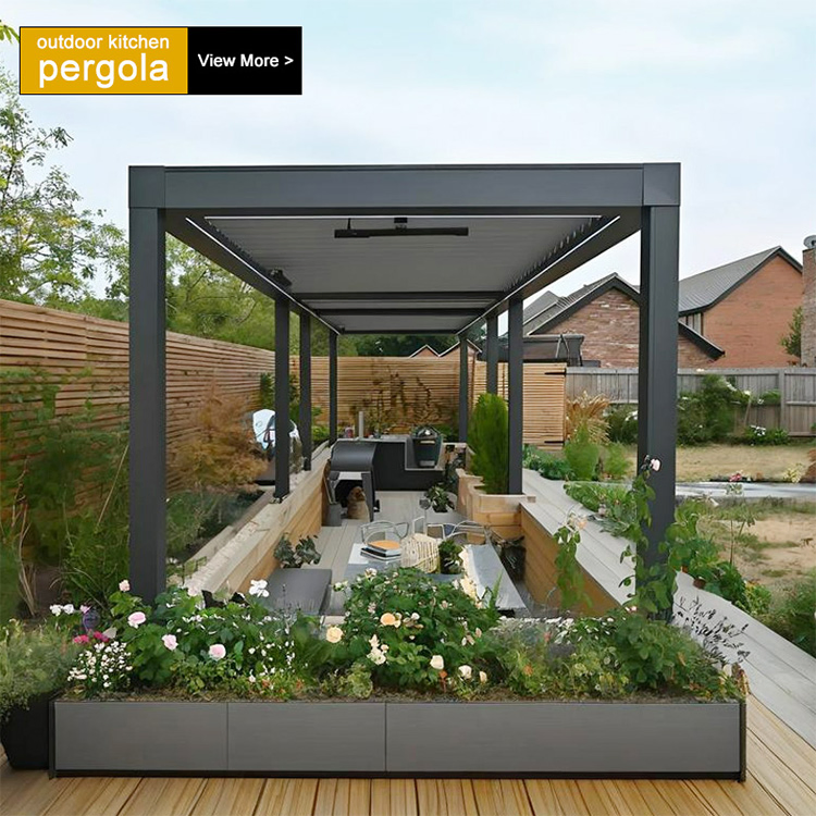 Electric Motorized Aluminum Pergola Bioclimatic Roof Outdoor Metal Shade Waterproof Greenhouse BBQ Garden Gazebo Pergola System for Backyard Kitchen