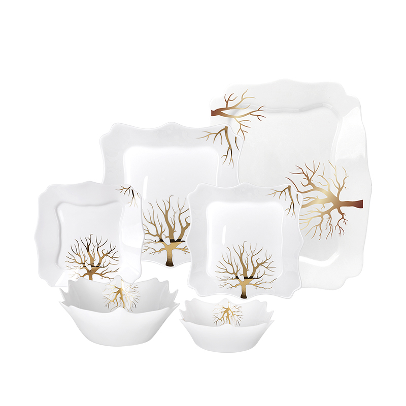 Heat Resistant Opal Glass Dinnerware Luxury Fancy Dinner Set 26PCS Ceramic Color Tableware with Gold Rim