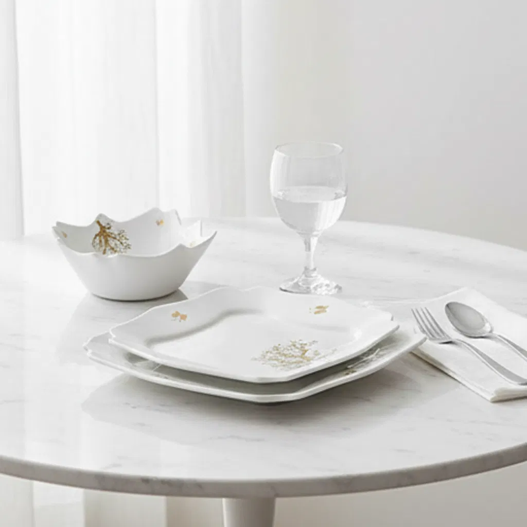 Heat Resistant Opal Glass Dinnerware Luxury Fancy Dinner Set 26PCS Ceramic Color Tableware with Gold Rim