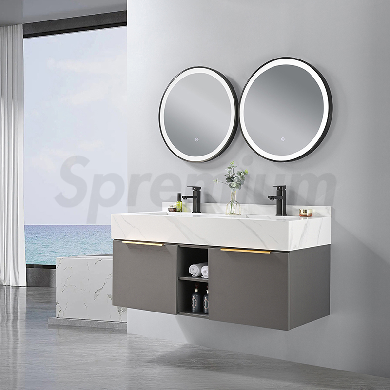 Double Bathroom Under Counter Washing Basin Marble Slab Vanity Cabinet Storage