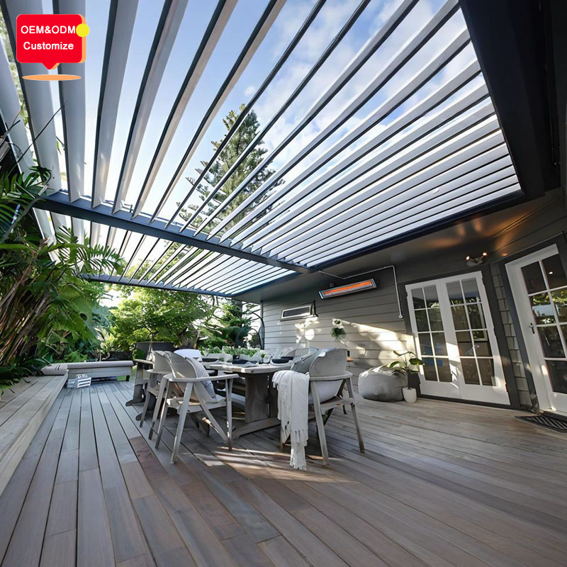 Outdoor Pergola Roof System for Restaurants, Commercial Motorized Gazebo with Double Waterproof Louver Roof and Heaters